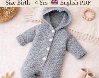 May include: A light gray knitted baby romper with a hood, long sleeves, and four white buttons down the front. The text at the top reads: Baby Romper Knitting Pattern Size Birth - 4 Yrs English PDF. The romper has a textured stitch pattern.
