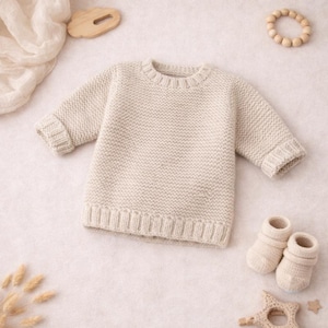 Könnte beinhalten: Ein cremefarbener Baby-Pullover mit langen Ärmeln und gerippten Bündchen und Saum. Der Pullover ist aus Strickmaterial gefertigt und wird mit passenden Babyschuhen kombiniert. Holzspielzeug ist ebenfalls im Bild.