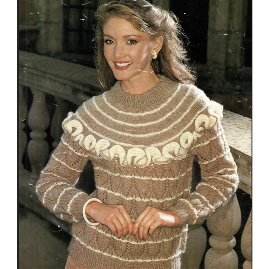Frill Pattern Ladies Frill Jumper Knitting Patterns, Women's Sweater Pattern, Size 32 ...