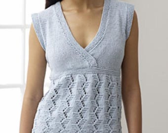 May include: A pale blue sleeveless knitted top with a V-neck and a patterned lower section. The top features a fitted waist and detailed stitching around the neckline and armholes. The knitwear is a soft, light blue colour, suitable for warmer weather.