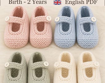 May include: A digital document titled Baby Shoes Knitting Pattern Birth - 2 Years English PDF featuring four pairs of hand-knitted baby shoes in light pink, light blue, sage green, and cream, each with a single strap and a white button.