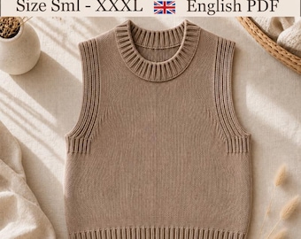 May include: A solid tan knitted slipover vest with a ribbed crew neckline, armholes, and hem. The text at the top reads: Ladies Slipover Vest Pattern, Size Sml - XXXL, English PDF. The garment features a smooth stockinette stitch body.