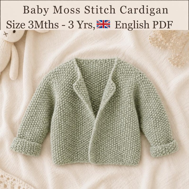 May include: A sage green knitted cardigan with a moss stitch texture, long sleeves, and an open front. The text above reads: Baby Moss Stitch Cardigan, Size 3Mths - 3 Yrs, English PDF. A small white plush toy is visible in the upper left corner.