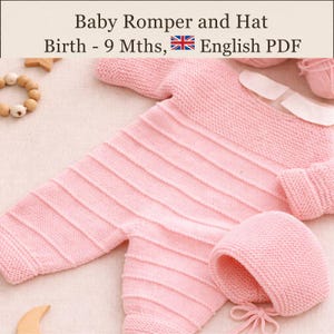 May include: A light pink knitted baby romper and matching bonnet featuring horizontal ribbed detailing and a white collar. The text Baby Romper and Hat Birth - 9 Mths, English PDF is visible at the top of the image along with a small wooden bead toy.