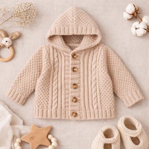 Puede incluir: Un cárdigan beige con capucha para bebé, con diseño de punto trenzado y botones de madera. El suéter de manga larga se muestra con botines a juego. Una estrella de madera y un sonajero de conejo también están en la imagen.