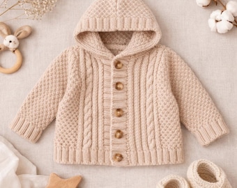 May include: A beige hooded baby cardigan with a cable knit design and wooden buttons. The sweater has long sleeves and is paired with matching booties. A wooden star and bunny rattle are also in the image.