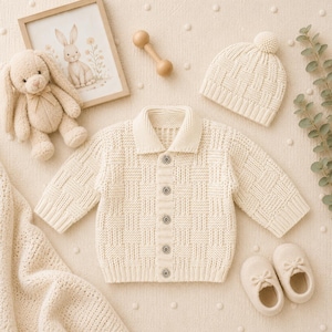 May include: A cream-coloured baby clothing set, including a cardigan, hat, and booties. The cardigan has a textured weave and button closure. A stuffed bunny, framed bunny art, and a wooden rattle are also in the image.