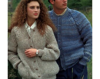 Ladies Cable Cardigan Knitting Patterns, Womens Mens Jackets, 30" - 44" Chest, PDF Download