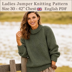 May include: A digital knitting pattern for a jumper, featuring text that reads Ladies Jumper Knitting Pattern Size 30 - 42" Chest English PDF. The jumper is olive green with a ribbed mock neck, long sleeves, and a ribbed hem and cuffs.