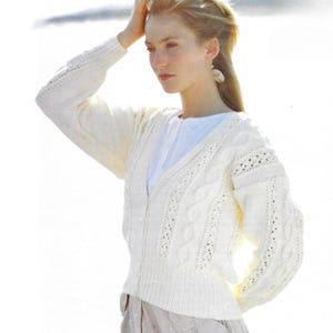 Womans Cable Lace Button Front Jacket Cardigan Knitting Pattern, Size 32&quot; - 44&quot; Chest, Medium Worsted Weight Yarn Aran Wool Pullover Pattern