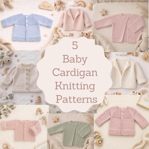 Op de afbeelding: Een verzameling van vijf baby-cardigan breipatronen in tinten blauw, roze, beige en groen. De afbeelding toont de tekst "5 Baby Cardigan Knitting Patterns" in een decoratieve vorm, met elke cardigan afzonderlijk weergegeven.