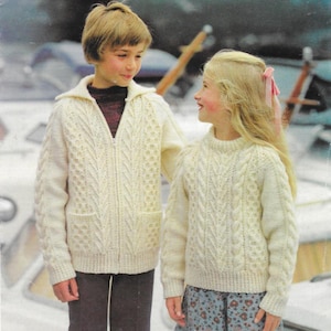 Childrens Cable Jacket Sweater Aran Knitting Pattern, Knitted Childrens Jumpers, Size 22&quot; - 34&quot; Chest, Medium Worsted Weight Yarn Aran Wool