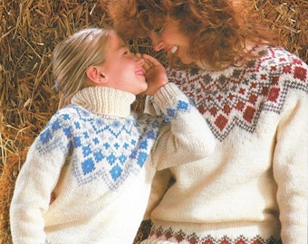 Patrones de tejido para suéteres Fair Isle, suéteres para mujer y niño, tallas de pecho de 61 a 96 cm (patrón en PDF)