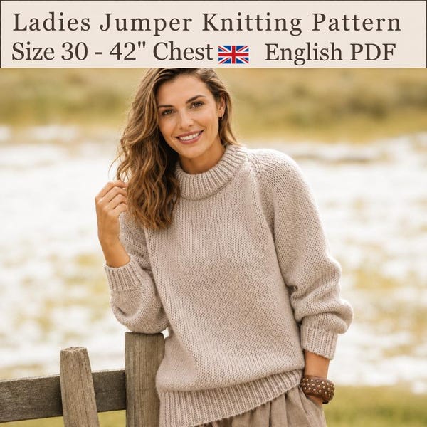 Very Easy Chunky Jumper Knitting Pattern, Beginner Women's Jumper, Size 30-42" Chest, PDF Download