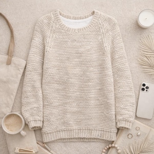 May include: A cream-coloured knitted sweater with a textured design. The long-sleeved sweater has a crew neck and is laid flat on a neutral surface, surrounded by a tote bag, coffee cup, phone, and accessories. The sweater is a neutral colour.