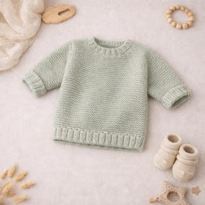 May include: A pale green knitted baby sweater with long sleeves and ribbed cuffs. The sweater is accompanied by matching knitted baby booties. Wooden toys and decorative elements are arranged around the sweater and booties.
