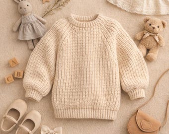 May include: Cream-colored knit sweater with a round neck and long sleeves. The sweater is surrounded by children's accessories, including a stuffed bunny, a teddy bear, a small purse, shoes, and wooden blocks.