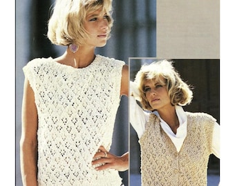 May include: Cream-coloured, sleeveless knitted vest with a diamond pattern. The vest has a round neckline. A second image shows a similar vest in a light tan colour. The vest is worn over a white top.