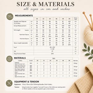 K&ouml;nnte beinhalten: Eine Gr&ouml;&szlig;en- und Materialtabelle f&uuml;r Strickprojekte mit Ma&szlig;en in cm und Zoll, Garnbedarf in 100g-Kn&auml;ueln sowie Ausr&uuml;stungsangaben inklusive 15mm Stricknadeln und Maschenproben-Details f&uuml;r super dickes Garn.