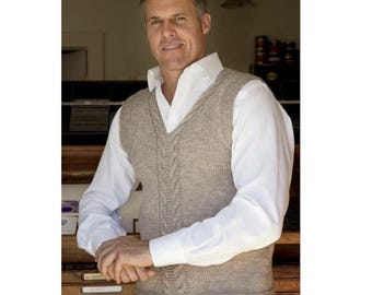 Men's Sweater Vest Knitting Patterns, Cable Slipover Jumpers, 38-54" Chest, PDF Download