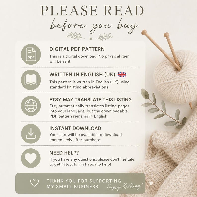 May include: A digital PDF pattern information graphic with the text PLEASE READ before you buy. It includes icons for a PDF, book, globe, download arrow, and heart. A ball of cream yarn with two wooden knitting needles sits to the right.
