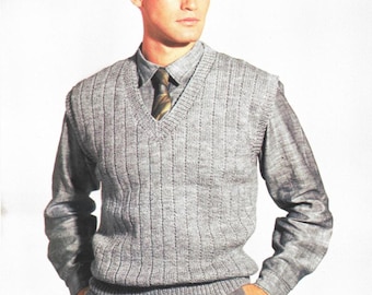 Mens Sweater Vest Knitting Patterns, Easy Jumpers, 36-44" Chest, PDF Download