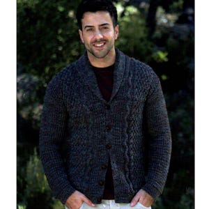 May include: A dark grey button-down cardigan with a shawl collar. The sweater features a textured knit pattern and brown buttons. The person in the image is wearing a burgundy shirt under the sweater.
