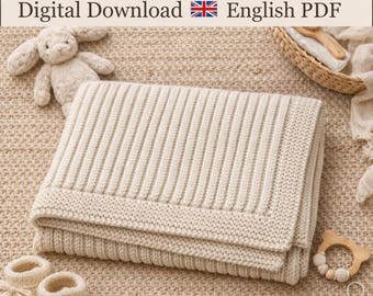 Easy Beginner Rib Baby Blanket Knitting Patterns, Garter Stitch Throw, PDF Download