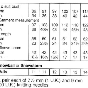 May include: A black and white chart with measurements for a garment, including bust size in inches and centimeters, garment measurements, length, and sleeve seam. The chart also lists the number of balls of yarn needed for different sizes.