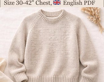 May include: A beige knit raglan sweater with a crew neckline and ribbed cuffs and hem. The text above reads: Ladies Raglan Jumper, Size 30-42" Chest, English PDF. The sweater features a textured knit pattern and long sleeves.