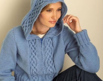 Ladies Cable Hoodie Knitting Patterns, Women's Hooded Sweaters, Size 28-62" Chest, PDF Download
