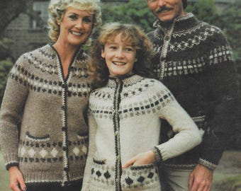 Ladies Fair Isle Cardigan Knitting Patterns, Childrens Mens Jackets, 26-44" Chest, PDF Download