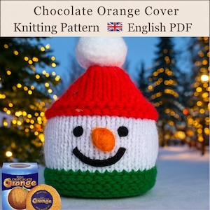 May include: A knitted chocolate orange cover featuring a snowman design with a red hat, white face, green base, black eyes and mouth, and an orange nose. The text reads Chocolate Orange Cover Knitting Pattern English PDF.