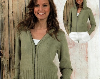 Modelos de tricô para cardigãs com capuz femininos, jaquetas femininas fáceis com zíper, tamanhos de busto de 71 a 117 cm, download em PDF.