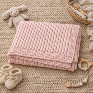 Op de afbeelding: Een zachte, roze gebreide babydeken met een geribbeld patroon. De deken is opgevouwen en omringd door babyartikelen, waaronder een knuffelkonijn, babyslofjes, een houten bijtring en een babyborstel in een rieten mand. De deken is gemaakt van zacht materiaal.