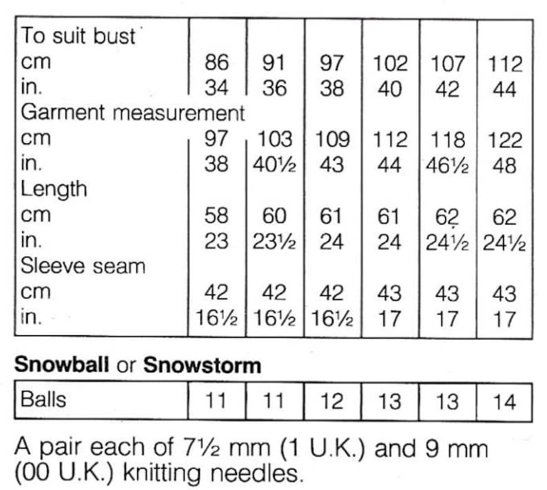 May include: A black and white chart with measurements for a garment, including bust size in inches and centimeters, garment measurements, length, and sleeve seam. The chart also lists the number of balls of yarn needed for different sizes.