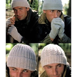 Peut inclure: Quatre images présentant des bonnets et des gants tricotés. Les bonnets sont dans des tons de gris et de beige, avec des motifs côtelés et torsadés. Les gants sont sans doigts et tricotés dans des couleurs assorties. Les images montrent une personne portant les bonnets et les gants.