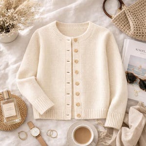 Puede incluir: Cárdigan color crema con cuello redondo y cierre de botones. El suéter tiene puños y dobladillo acanalados. Los botones son de color marrón claro. El suéter se exhibe sobre una superficie blanca con otros accesorios.