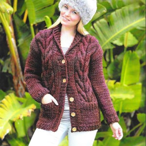 Womens Cable Long Sleeve Button Front Jacket Cardigan Knitting Pattern, Knitted Jacket Pattern, Size 32&quot;-42&quot; Chest, Chunky Weight Yarn Wool