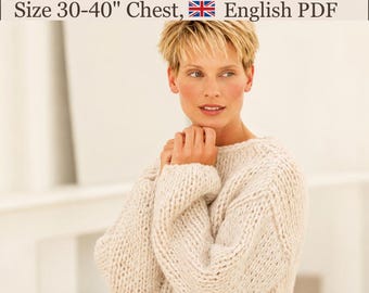 May include: A chunky knit sweater in a light cream color with long sleeves and a round neckline. The text at the top reads: Ladies Super Chunky Jumper, Size 30-40" Chest, English PDF. The garment features a thick, textured yarn construction.