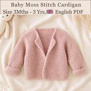 Patrones fáciles para tejer cárdigans de punto musgo para bebés, niñas y niños, de 3 meses a 3 años, descarga en PDF.