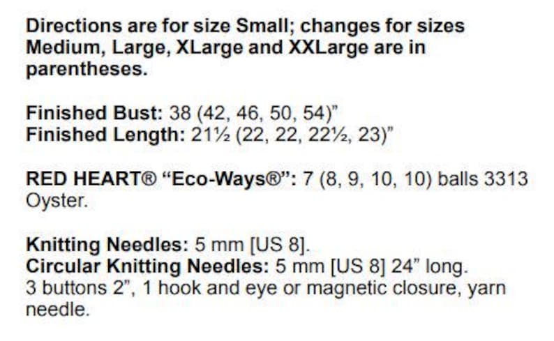 Pu&ograve; includere: Istruzioni per la maglia per un maglione con misure per le taglie Small, Medium, Large, XLarge e XXLarge. Il modello utilizza il filato RED HEART&reg; "Eco-Ways&reg;" nel colore Ostrica. Il modello richiede 7 (8, 9, 10, 10) gomitoli di filato e richiede ferri da maglia da 5 mm [US 8] e ferri da maglia circolari.