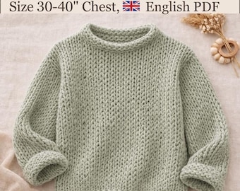 May include: A sage green chunky knit sweater with long sleeves and a round neckline. The text at the top reads: Ladies Super Chunky Jumper, Size 30-40" Chest, English PDF. The garment features a thick, textured yarn construction.