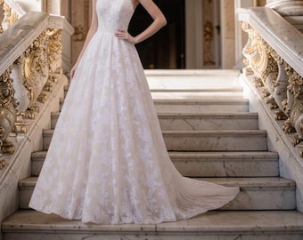 Lace Halter A-Line Wedding Gown, Floral Applique Elegant Ceremony Dress