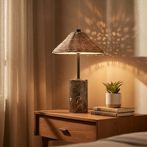 Puede incluir: Una lámpara de mesa con pantalla tejida y base con efecto mármol. Está sobre una mesita de noche de madera con una pequeña planta en maceta y libros. La luz cálida proyecta una sombra estampada en la pared.