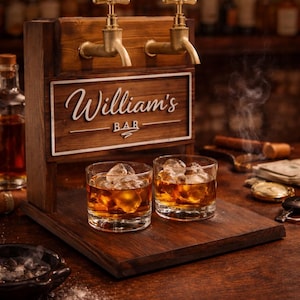 May include: A wooden bar setup with two glasses of whiskey on a wooden tray. The setup includes a sign that reads "William's Bar" and two brass taps. The glasses are filled with ice and amber liquid.