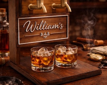 Personalized Wooden Whiskey Dispenser, Engraved Liquor Stand, Pine Wood Bar Decor