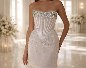 Custom White Glitter Prom Gown Strapless Backless Mini Sparkly Evening Party