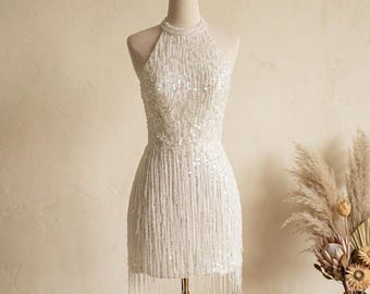 Halter Sequin Fringe Mini Wedding Dress, Beaded Reception After Party Bride Outfit