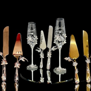 Silver Wedding Champagne Flutes Cake Server Set Jeweled Pearl Bridal Glasses Luxury Gift 4pc image 10